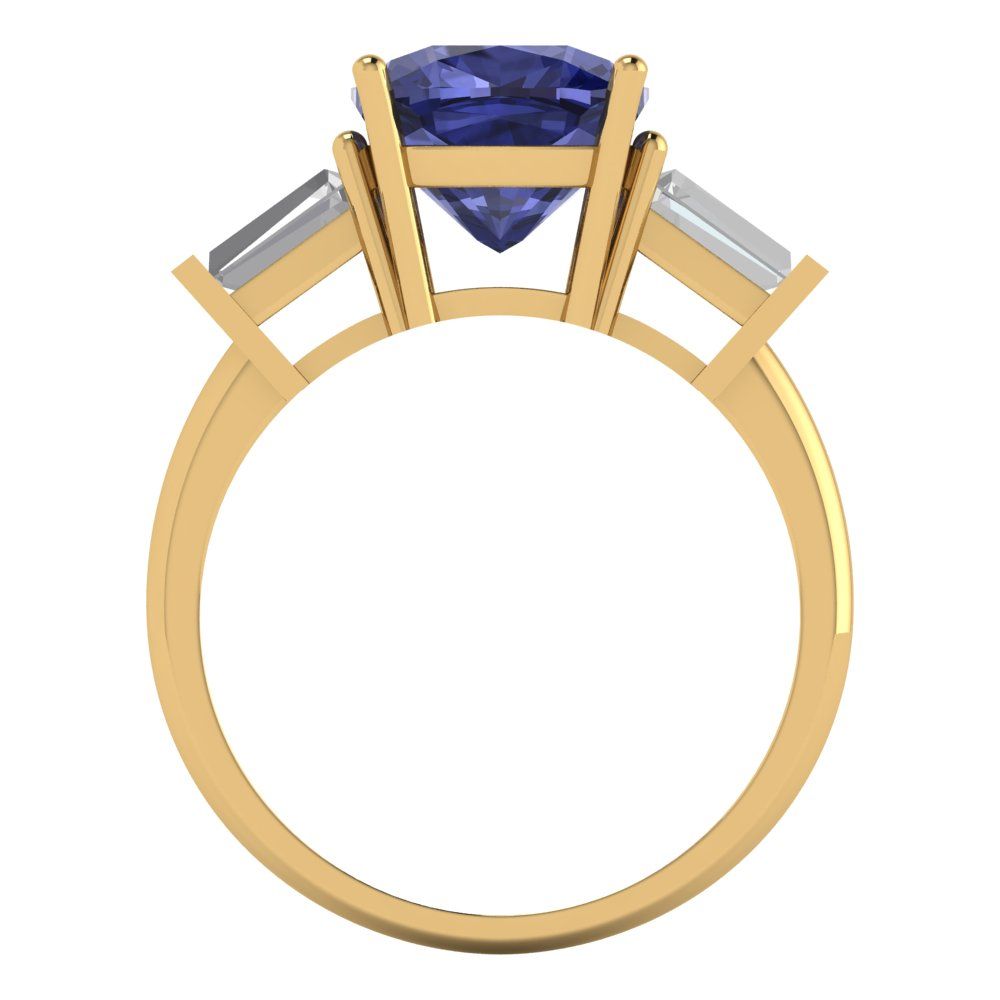 3 cttw Simulated Tanzanite Three-Stone Engagement Ring - Solid Yellow Gold (VVS1, Cushion Cut,8.0mm)