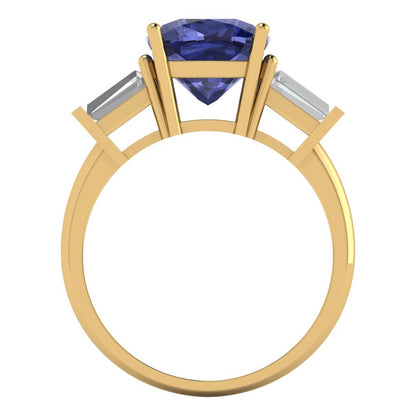3 cttw Simulated Tanzanite Three-Stone Engagement Ring - Solid Yellow Gold (VVS1, Cushion Cut,8.0mm)