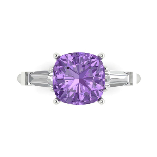 3 cttw Simulated Alexandrite Three-Stone Engagement Ring - Solid White Gold (VVS1, Cushion Cut,8.0mm)