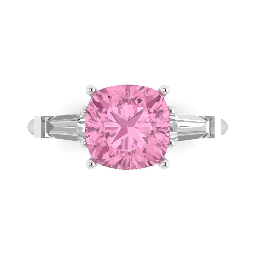 3 cttw Zirconia Simulated Pink Diamond Three-Stone Engagement Ring - Solid Gold (VVS1, Cushion Cut,8.0mm)