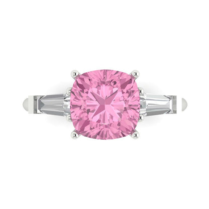 3 cttw Zirconia Simulated Pink Diamond Three-Stone Engagement Ring - Solid Gold (VVS1, Cushion Cut,8.0mm)