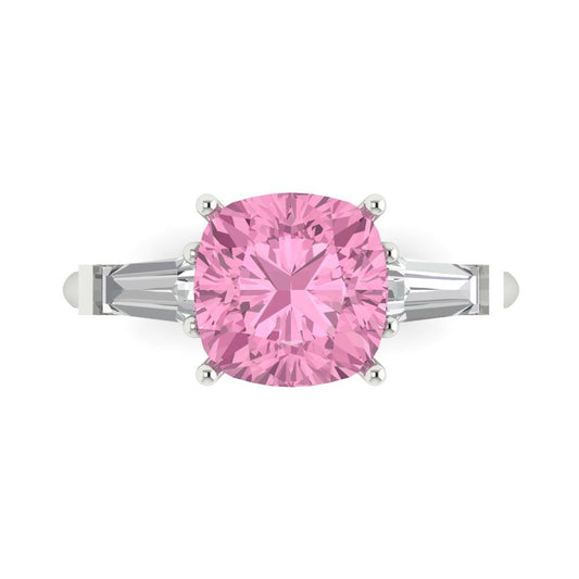 3 cttw Zirconia Simulated Pink Diamond Three-Stone Engagement Ring - Solid White Gold (VVS1, Cushion Cut,8.0mm)