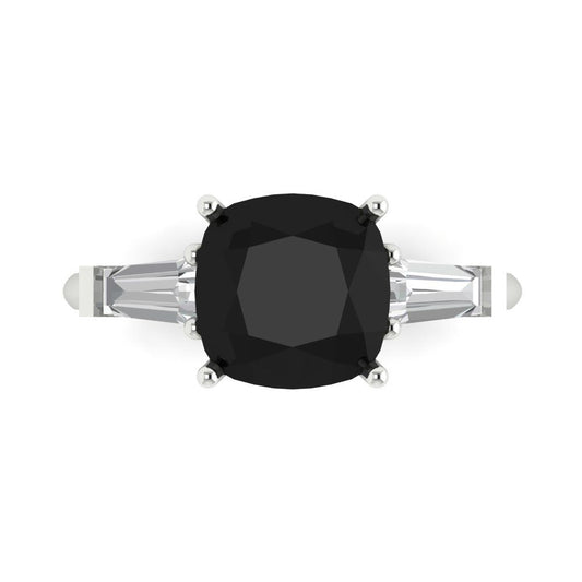 3 cttw Natural Onyx Three-Stone Engagement Ring - Solid White Gold (VVS1, Cushion Cut,8.0mm)