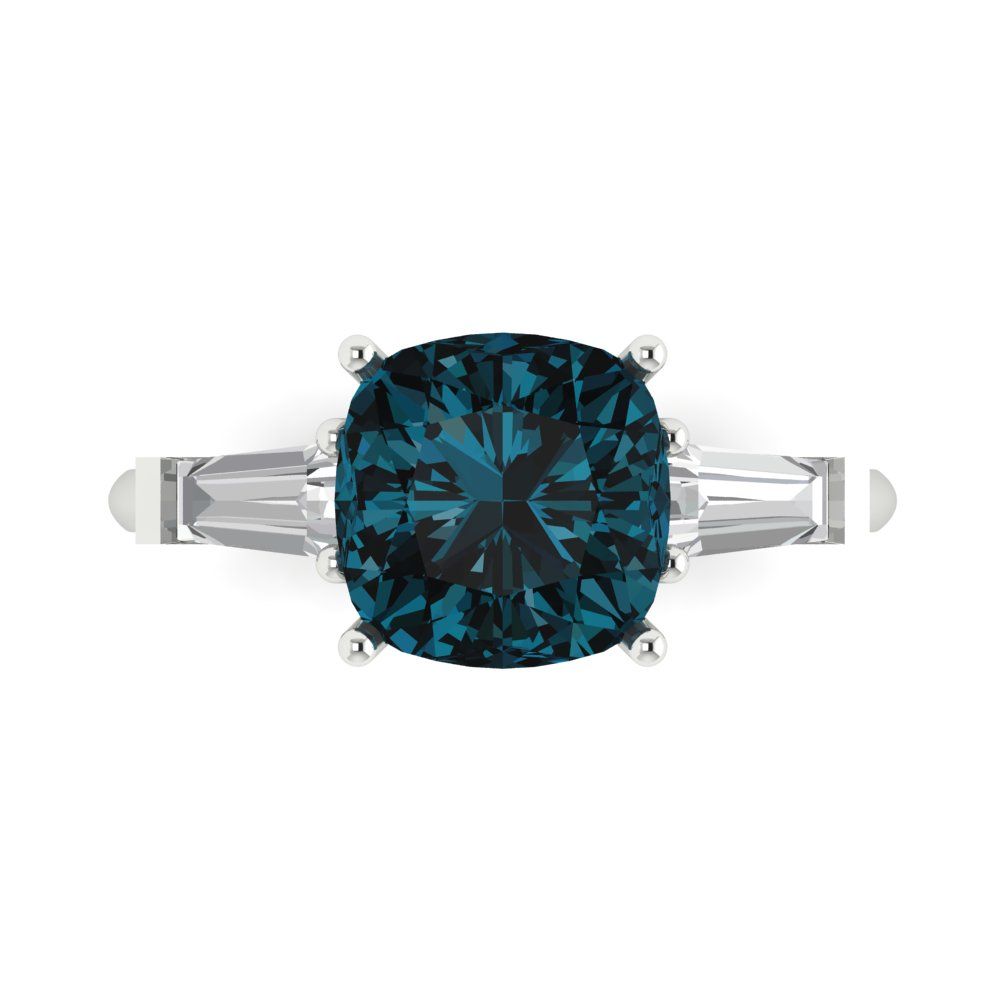 3 cttw Natural London Blue Topaz Three-Stone Engagement Ring - Solid White Gold (VVS1, Cushion Cut,8.0mm)