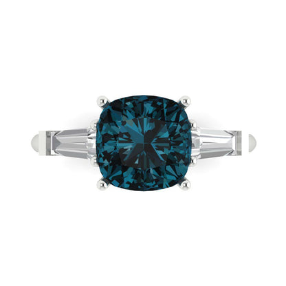 3 cttw Natural London Blue Topaz Three-Stone Engagement Ring - Solid White Gold (VVS1, Cushion Cut,8.0mm)