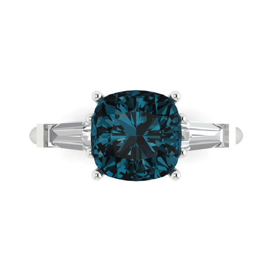 3 cttw Natural London Blue Topaz Three-Stone Engagement Ring - Solid White Gold (VVS1, Cushion Cut,8.0mm)