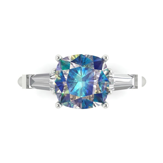 3 cttw Blue Moissanite Three-Stone Engagement Ring - Solid White Gold (VVS1, Cushion Cut,8.0mm)