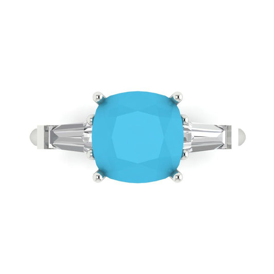 3 cttw Simulated Turquoise Three-Stone Engagement Ring - Solid White Gold (VVS1, Cushion Cut,8.0mm)