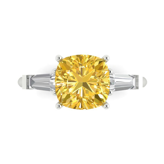 3 cttw Zirconia Simulated Yellow Diamond Three-Stone Engagement Ring - Solid White Gold (VVS1, Cushion Cut,8.0mm)