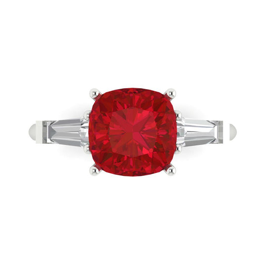 3 cttw Simulated Pink Tourmaline Three-Stone Engagement Ring - Solid White Gold (VVS1, Cushion Cut,8.0mm)