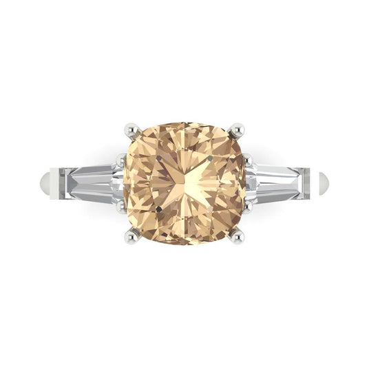 3 cttw Yellow Moissanite Three-Stone Engagement Ring - Solid White Gold (VVS1, Cushion Cut,8.0mm)
