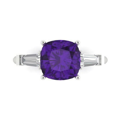 3 cttw Natural Amethyst Three-Stone Engagement Ring - Solid Gold (Cushion Cut,8.0mm)