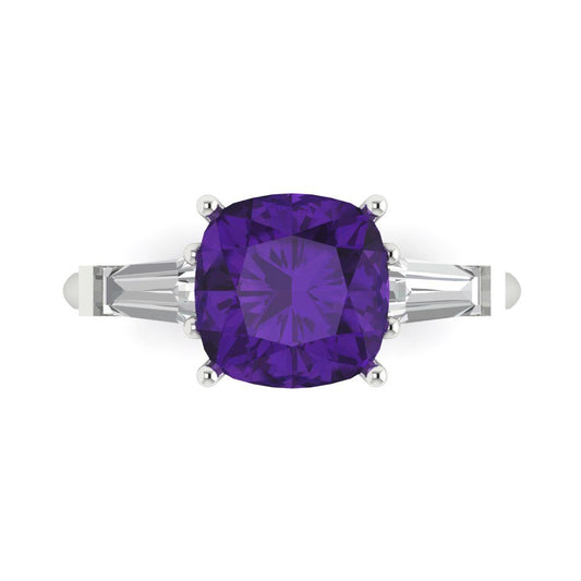 3 cttw Natural Amethyst Three-Stone Engagement Ring - Solid White Gold (VVS1, Cushion Cut,8.0mm)