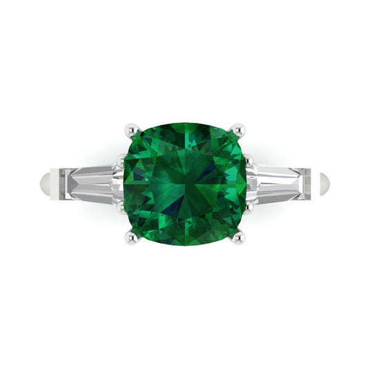 3 cttw Simulated Emerald Three-Stone Engagement Ring - Solid White Gold (VVS1, Cushion Cut,8.0mm)