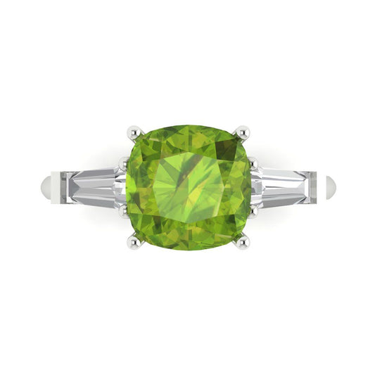 3 cttw Natural Peridot Three-Stone Engagement Ring - Solid White Gold (VVS1, Cushion Cut,8.0mm)