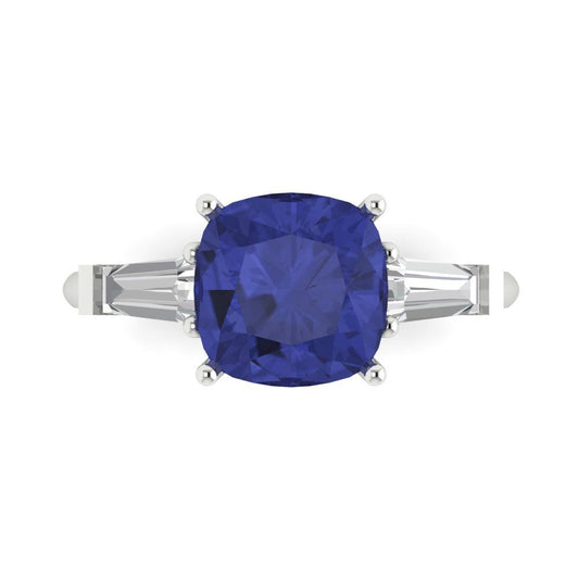 3 cttw Simulated Tanzanite Three-Stone Engagement Ring - Solid White Gold (VVS1, Cushion Cut,8.0mm)