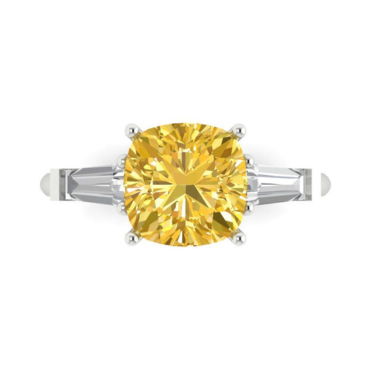 3 cttw Natural Citrine Three-Stone Engagement Ring - Solid White Gold (VVS1, Cushion Cut,8.0mm)