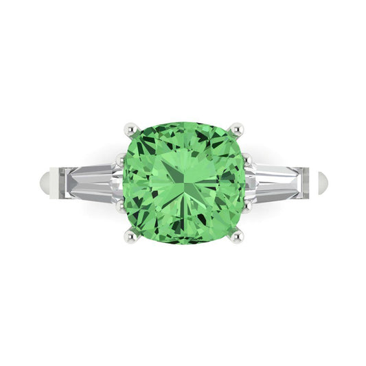 3 cttw Zirconia Simulated Green Diamond Three-Stone Engagement Ring - Solid White Gold (VVS1, Cushion Cut,8.0mm)