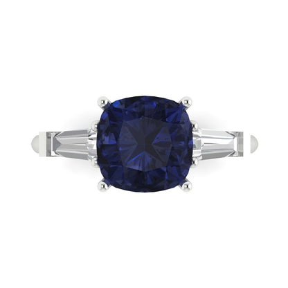 3 cttw Simulated Blue Sapphire Three-Stone Engagement Ring - Solid Gold (Cushion Cut,8.0mm)