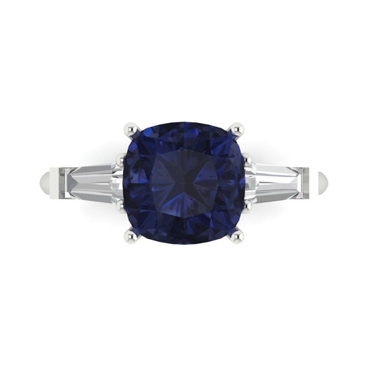 3 cttw Simulated Blue Sapphire Three-Stone Engagement Ring - Solid White Gold (VVS1, Cushion Cut,8.0mm)