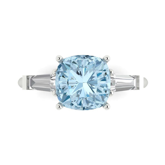 3 cttw Natural Swiss Blue Topaz Three-Stone Engagement Ring - Solid White Gold (VVS1, Cushion Cut,8.0mm)