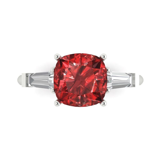 3 cttw Natural Garnet Three-Stone Engagement Ring - Solid White Gold (VVS1, Cushion Cut,8.0mm)