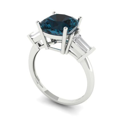 3 cttw Natural London Blue Topaz Three-Stone Engagement Ring - Solid White Gold (VVS1, Cushion Cut,8.0mm)