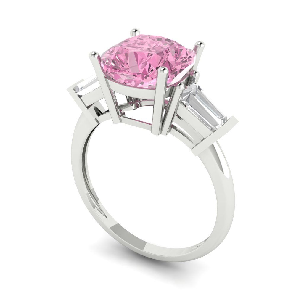 3 cttw Zirconia Simulated Pink Diamond Three-Stone Engagement Ring - Solid Gold (VVS1, Cushion Cut,8.0mm)