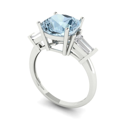 3 cttw Natural Swiss Blue Topaz Three-Stone Engagement Ring - Solid Gold (Cushion Cut,8.0mm)