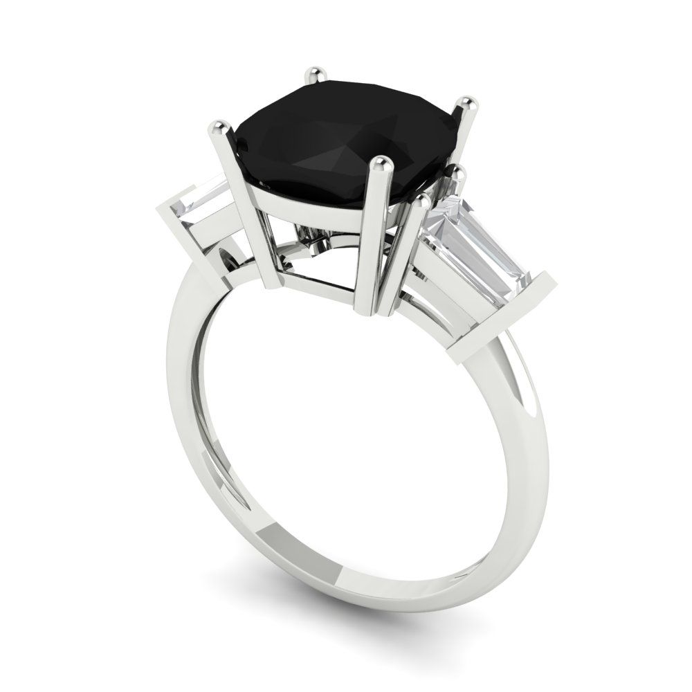 3 cttw Natural Onyx Three-Stone Engagement Ring - Solid White Gold (VVS1, Cushion Cut,8.0mm)