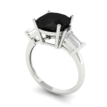 3 cttw Natural Onyx Three-Stone Engagement Ring - Solid White Gold (VVS1, Cushion Cut,8.0mm)