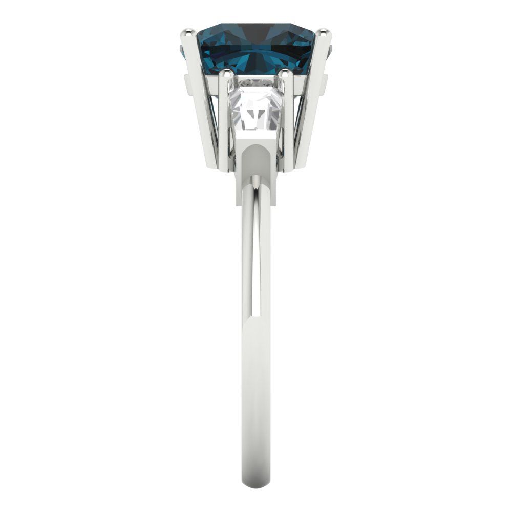 3 cttw Natural London Blue Topaz Three-Stone Engagement Ring - Solid White Gold (VVS1, Cushion Cut,8.0mm)