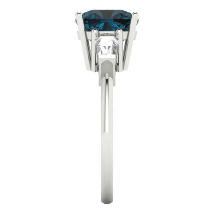 3 cttw Natural London Blue Topaz Three-Stone Engagement Ring - Solid White Gold (VVS1, Cushion Cut,8.0mm)