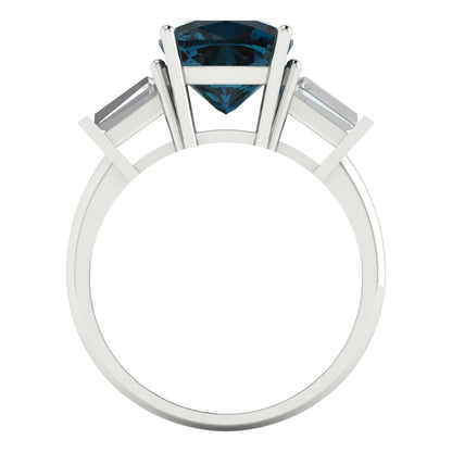 3 cttw Natural London Blue Topaz Three-Stone Engagement Ring - Solid White Gold (VVS1, Cushion Cut,8.0mm)