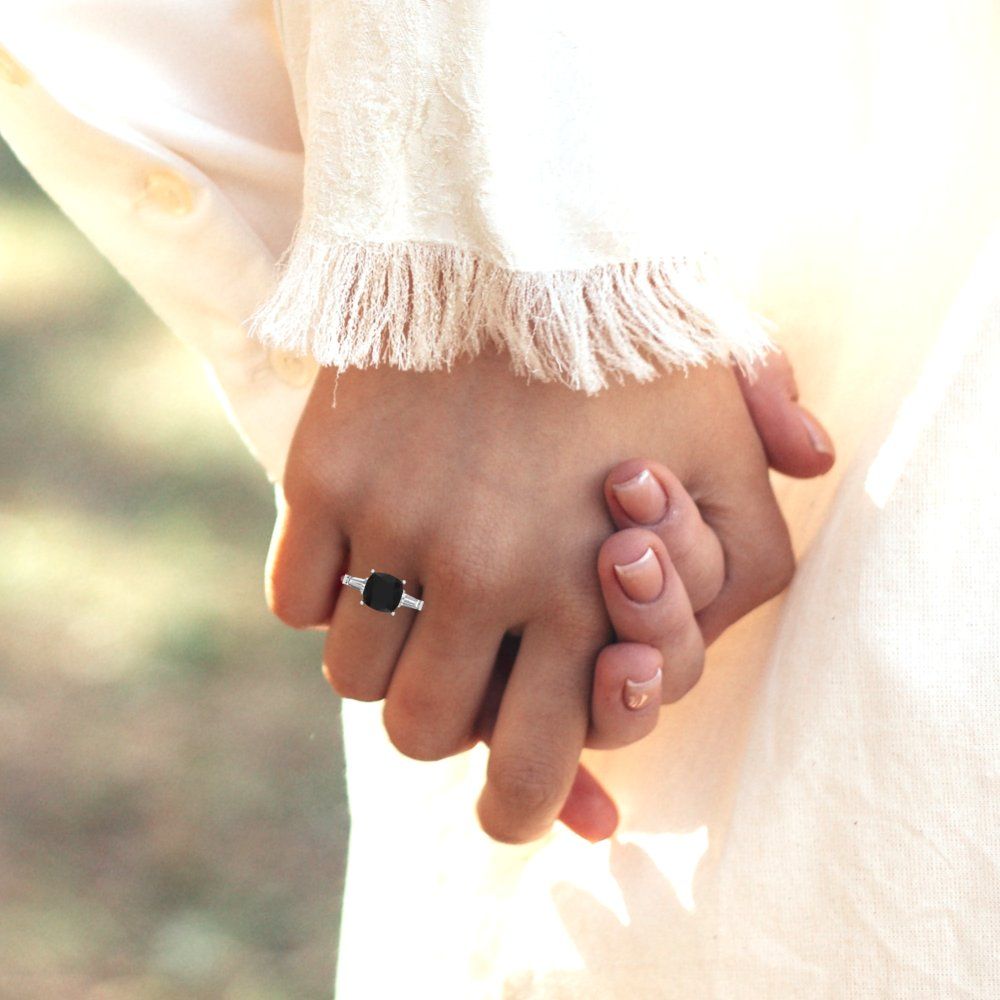 3 cttw Natural Onyx Three-Stone Engagement Ring - Solid White Gold (VVS1, Cushion Cut,8.0mm)
