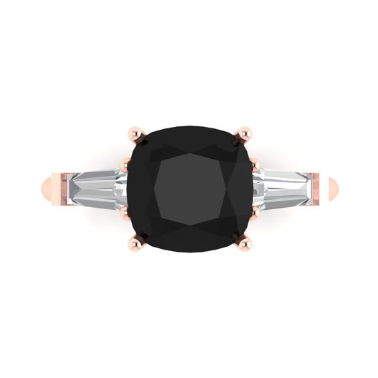 3 cttw Natural Onyx Three-Stone Engagement Ring - Solid Rose Gold (VVS1, Cushion Cut,8.0mm)