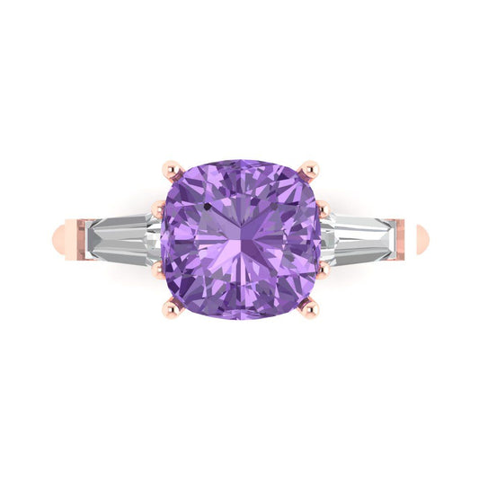 3 cttw Simulated Alexandrite Three-Stone Engagement Ring - Solid Rose Gold (VVS1, Cushion Cut,8.0mm)