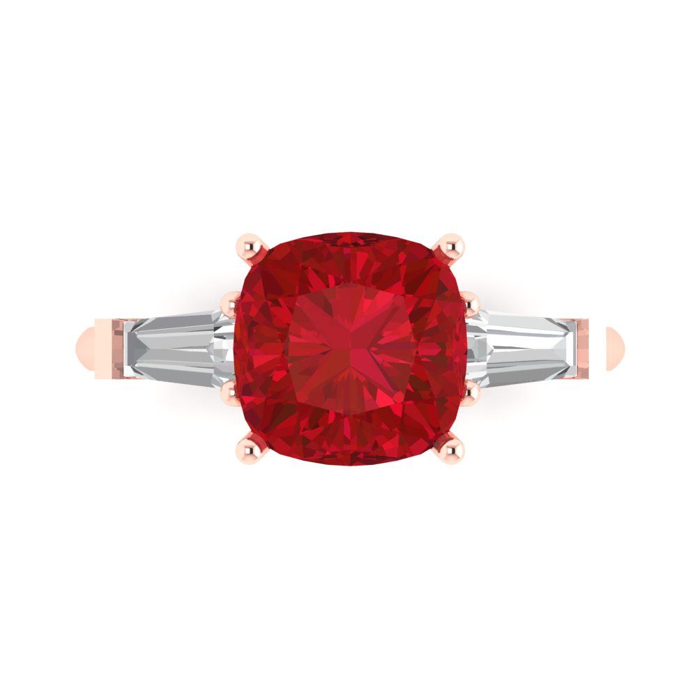 3 cttw Simulated Ruby Three-Stone Engagement Ring - Solid Rose Gold (VVS1, Cushion Cut,8.0mm)