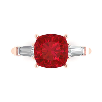 3 cttw Simulated Ruby Three-Stone Engagement Ring - Solid Rose Gold (VVS1, Cushion Cut,8.0mm)