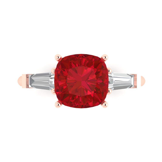 3 cttw Simulated Ruby Three-Stone Engagement Ring - Solid Rose Gold (VVS1, Cushion Cut,8.0mm)