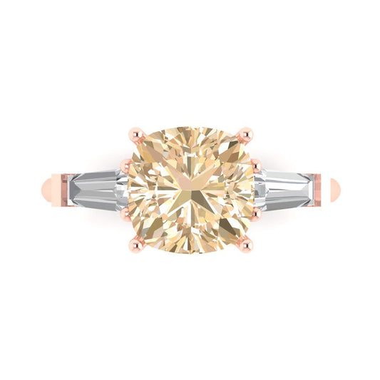 3 cttw Natural Morganite Three-Stone Engagement Ring - Solid Rose Gold (VVS1, Cushion Cut,8.0mm)