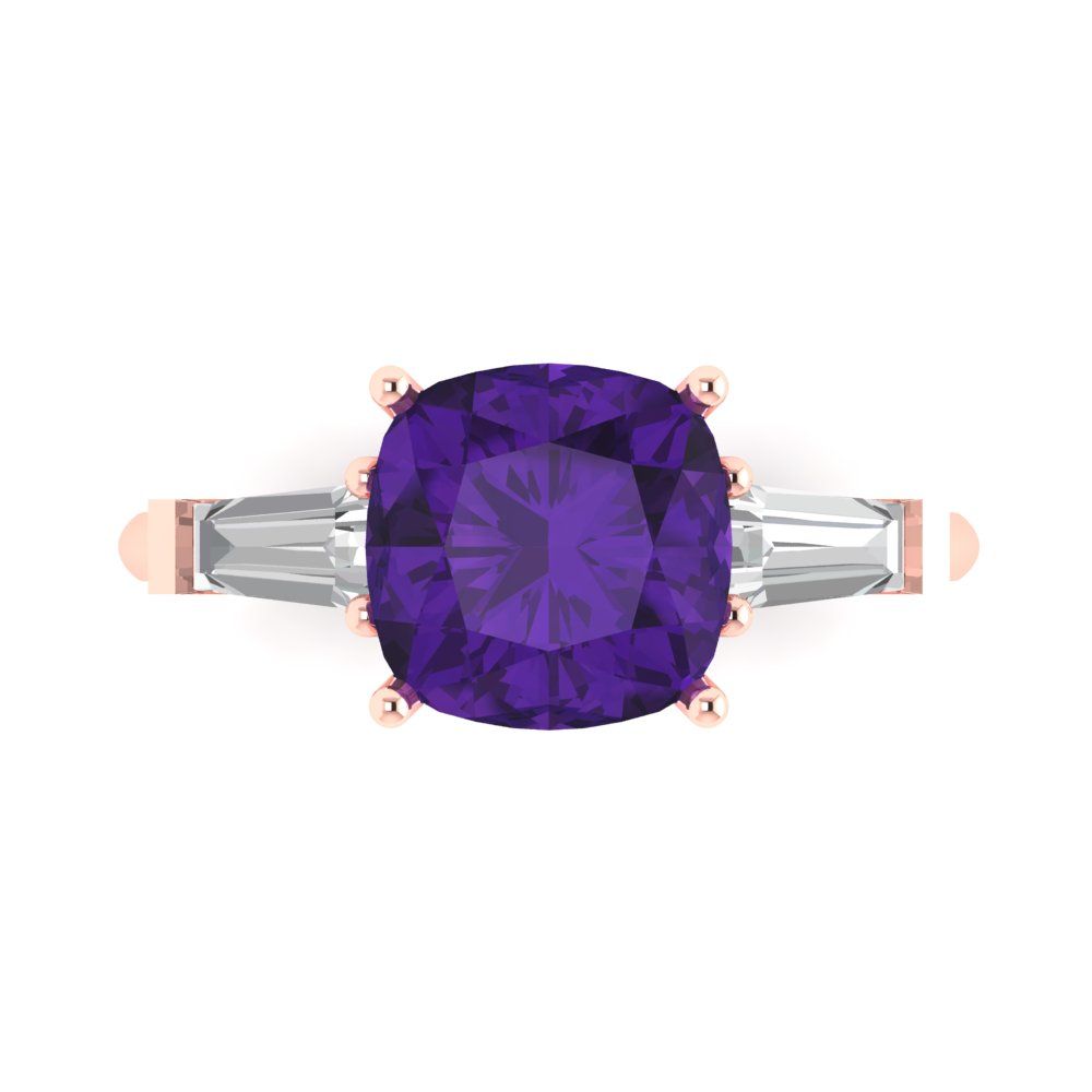 3 cttw Natural Amethyst Three-Stone Engagement Ring - Solid Gold (Cushion Cut,8.0mm)