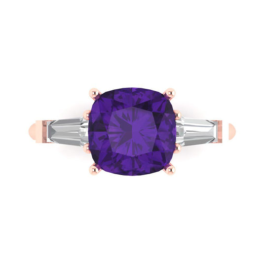 3 cttw Natural Amethyst Three-Stone Engagement Ring - Solid Rose Gold (VVS1, Cushion Cut,8.0mm)
