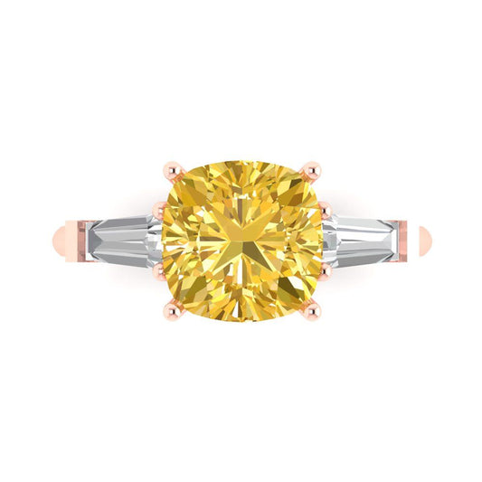 3 cttw Natural Citrine Three-Stone Engagement Ring - Solid Rose Gold (VVS1, Cushion Cut,8.0mm)