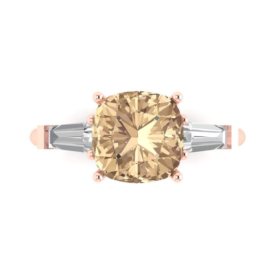 3 cttw Yellow Moissanite Three-Stone Engagement Ring - Solid Rose Gold (VVS1, Cushion Cut,8.0mm)