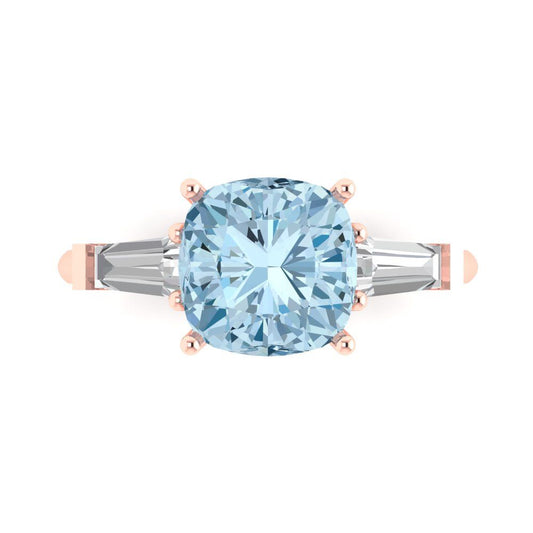 3 cttw Zirconia Simulated Blue Diamond Three-Stone Engagement Ring - Solid Rose Gold (VVS1, Cushion Cut,8.0mm)