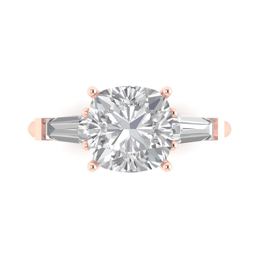 3 cttw Moissanite Three-Stone Engagement Ring - Solid Rose Gold (VVS1, Cushion Cut,8.0mm)
