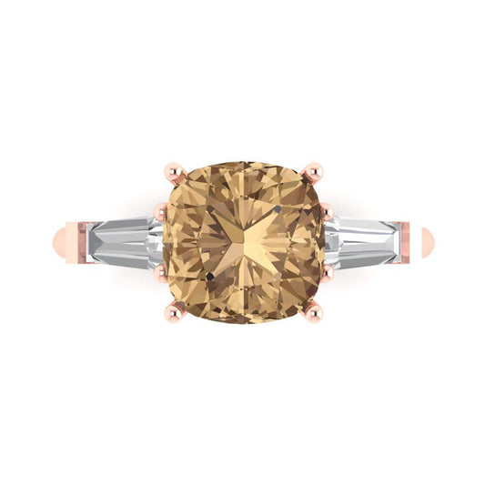 3 cttw Zirconia Simulated Champagne Diamond Three-Stone Engagement Ring - Solid Rose Gold (VVS1, Cushion Cut,8.0mm)
