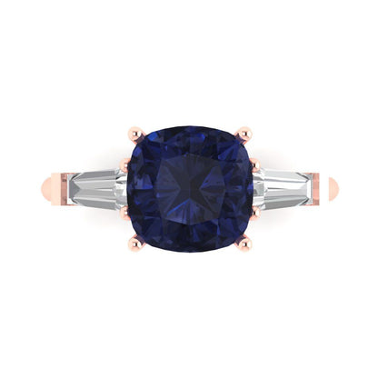 3 cttw Simulated Blue Sapphire Three-Stone Engagement Ring - Solid Gold (Cushion Cut,8.0mm)