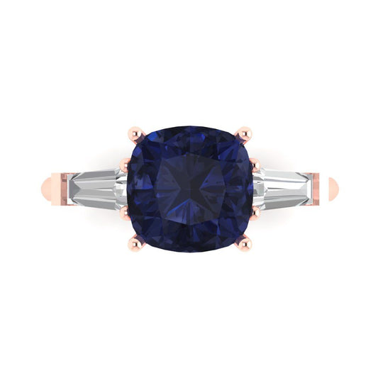 3 cttw Simulated Blue Sapphire Three-Stone Engagement Ring - Solid Rose Gold (VVS1, Cushion Cut,8.0mm)